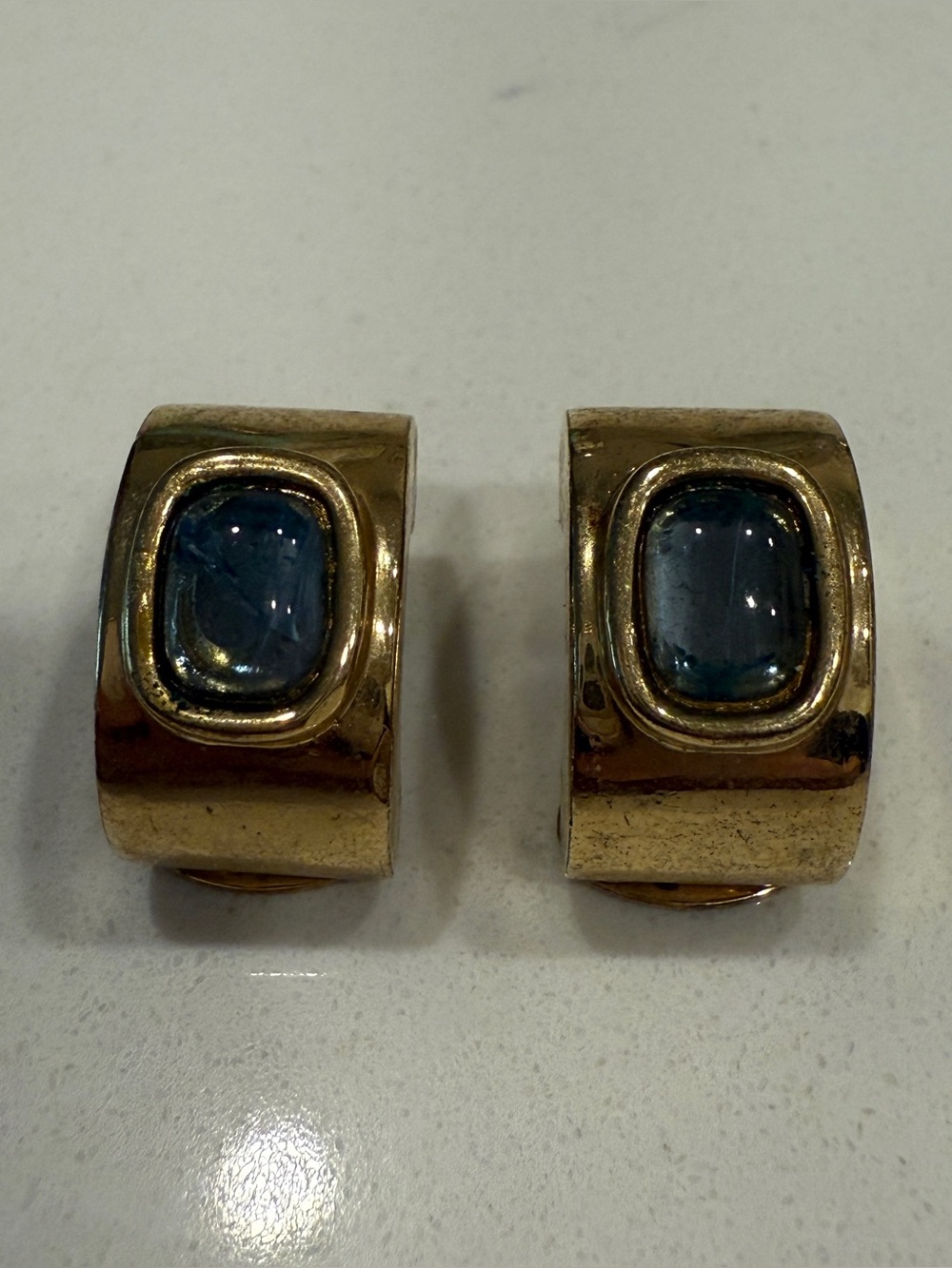 Gold Tone Clip-On Earrings with Blue Cabochons